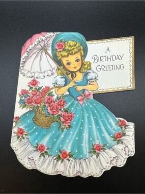 #2151 Vintage 40s “A Birthday Greeting” 3-Southern Belles Parasol Greeting Card
